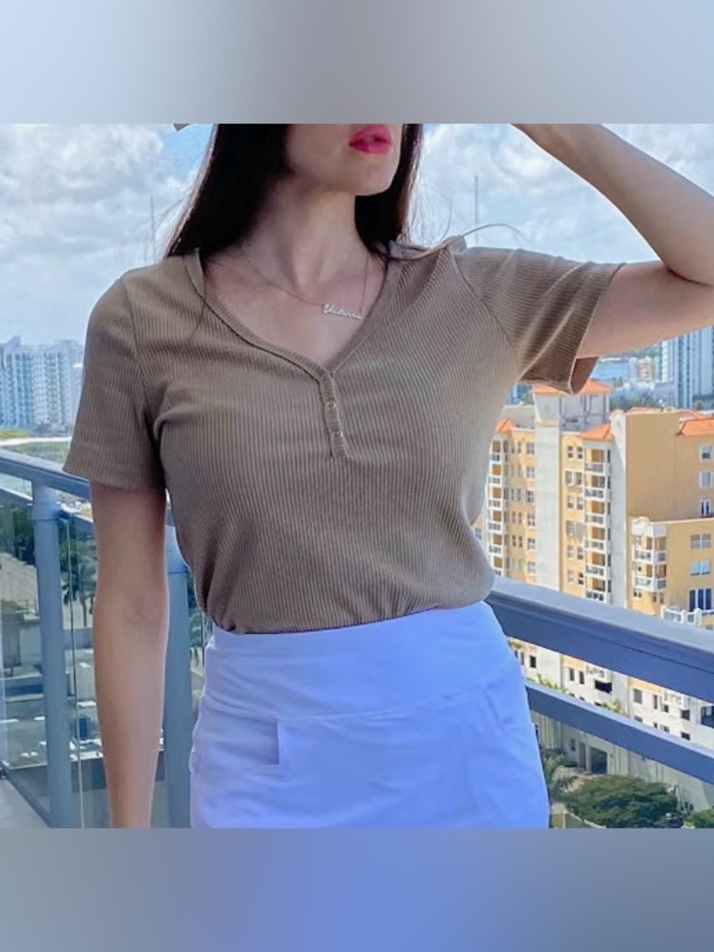 NWT Ribbed Short-Sleeve Henley Top in Cream (L)